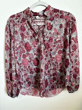 Cottagecore floral Boho Blouse Burgundy Smocked Long Sleeve Tie Neck Peasant Top